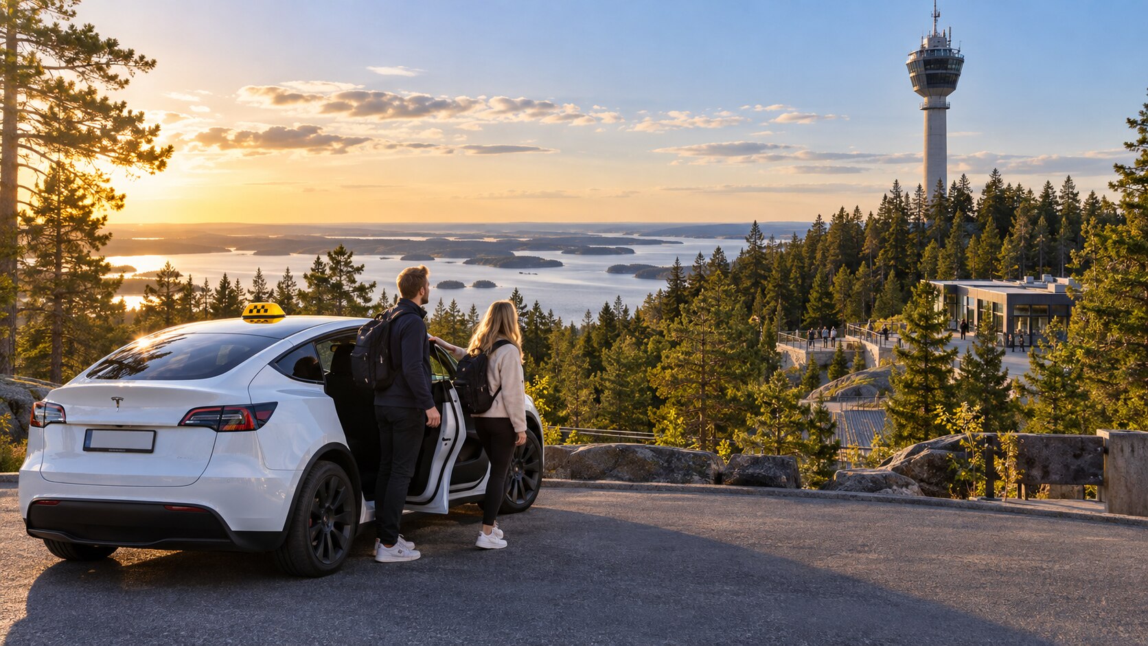 Puijon torni ja Taksi Plazan Tesla Model Y